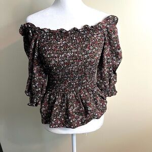 Max Studio Floral Off-Shoulder Smocked Top Peasant Cottagecore Blouse